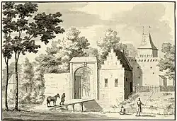 Slijkpoort met rechtsachter de toren van de hoofdpoort, 1729