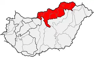 Locatie van Noord-Hongaars middelgebergte