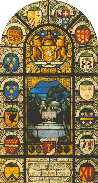 Het gebrandschilderde raam toont de bewoners sinds 1645