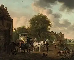 Elegant gezelschap in een koets stopt in een dorp