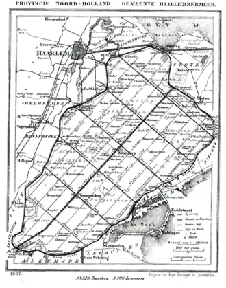 De gemeente Haarlemmermeer in 1867 met rechtsboven de locatie van de buurtschap