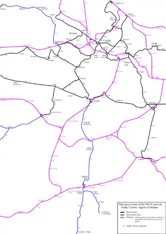 Kaart van de buurtspoorlijnen van de "Centre" groep van Henegouwen, Buurtspoorwegen in de center streek van Henegouwen
