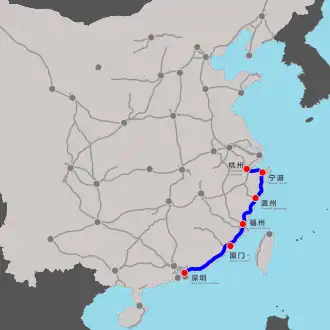 Netwerkkaart van de Hogesnelheidslijn Hangzhou-Shenzhen