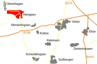 Locatie Hänigsen in de gemeente Uetze