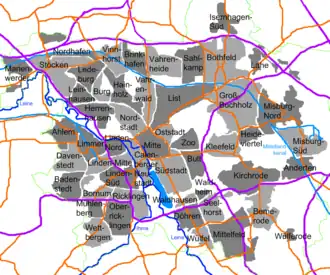 Kaart van Hannover met de stadsdelen