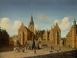 Kasteel Frederiksborg; het vertrek van de koninklijke valkenjacht, 1861