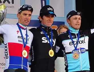 Zdeněk Štybar (2), Geraint Thomas (1) en Matteo Trentin (3).