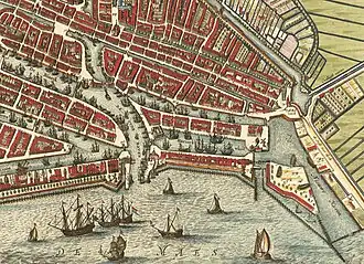 Haringvliet in 1690. Bovenaan de Nieuwehaven en de Groenendaalsgracht met rechts het dwarshaventje