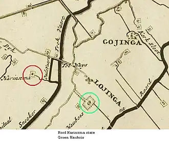 Weergave in rode cirkel, groene cirkel geeft locatie Slot Loynga aan.