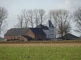 Haus Gensward met vloedschuren aan de Kellener Altrhein