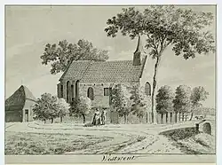 Tekening vervaardigd door H. Tavenier in 1785 met achter de kerk mogelijk de plataan die nog steeds op het Heidens Kerkhof staat.