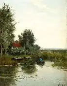 Landschap met boer in bootje