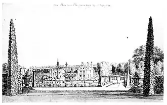 Huis en tuin in 1749, tekening Jan de Beijer