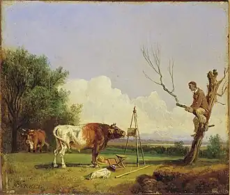 Nieuwsgierige stier en bange kunstschilder in boom (19e eeuw), Heinrich Bürkel