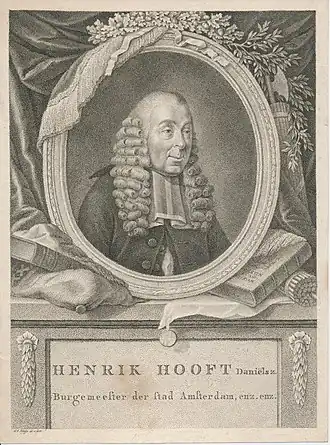 Gravure Hendrik Daniëlsz Hooft. Onderschrift gravure verwijst naar burgerlijk ambt