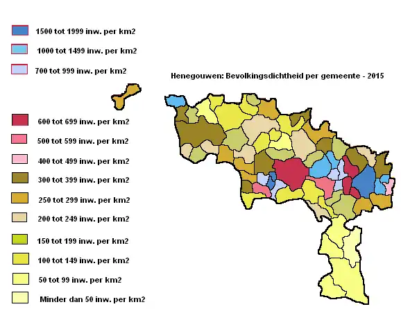 Provincie Henegouwen: Bevolkingsdichtheid per gemeente - 2015