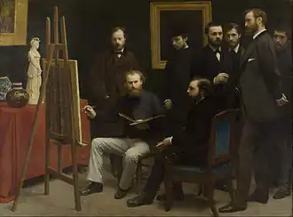 Fantin-Latour: Atelier aux Batignolles. V.l.n.r. Scholderer, Manet, Renoir. Astruc, Zola, Maître, Bazille en Monet.