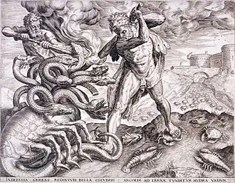 Gravure van Herakles die de Hydra doodt. Cornelis Cort, ca. 1565