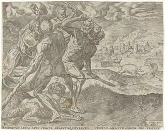 Gravure "Hercules doodt Geryon en zijn hond". Werken van Hercules, gravure ca. 1563 door Cornelis Cort.