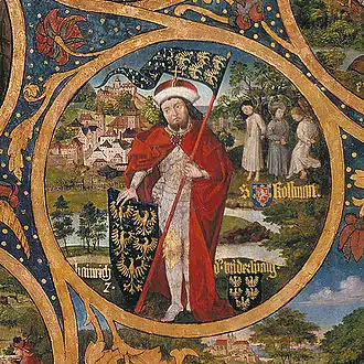 Markgraaf Hendrik I van Oostenrijk met op de achtergrond het martelaarschap van Sint-Coloman.