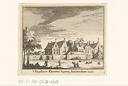 Het Reguliersklooster buiten Amsterdam, 1503 - 't Reguliers Klooster, buyten Amsterdam. 1503 (titel op object). Impressie op een 18e-eeuwse prent.