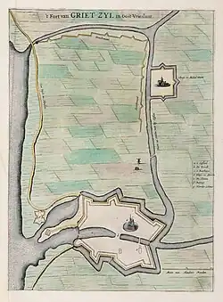 Afbeelding van het versterkte Greetsiel uit de 17e eeuw (J.Blaeu).