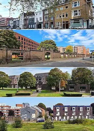 Heugemerweg, van boven naar beneden: Tussen Akerstraat en Sphinxlunet · Fabrieksmuur Société Céramique en woongebouwen Céramique · Fabrieksmuur en Raccordement · Zuidelijk straatdeel met nieuwbouw en braakliggend terrein