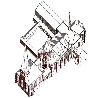 Huidige bouw met Johannes de Doperkerk, atrium en kruisgang
