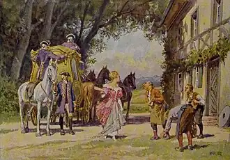 Prent bij De arme molenaarsknecht en het katje door Paul Hey. Uit Deutsche Märchen, 1939