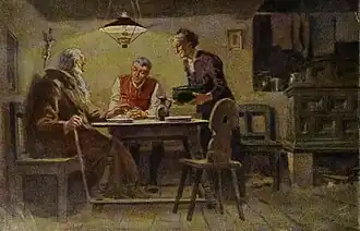 Prent bij het sprookje De arme en de rijke uit Deutsche Märchen, 1939.