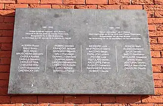 Gedenkplaat aan het Koning Boudewijnstadion (het vroegere Heizelstadion) met de namen van de 39 slachtoffers.