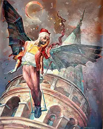 Hezârfen die van de Galatatoren in Constantinopel vliegt - Adem Başpınar.