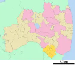 Kaart van Fukushima met het district Higashishirakawa gemarkeerd