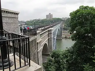 De High Bridge vanuit het westen in Highbridge Park, Manhattan