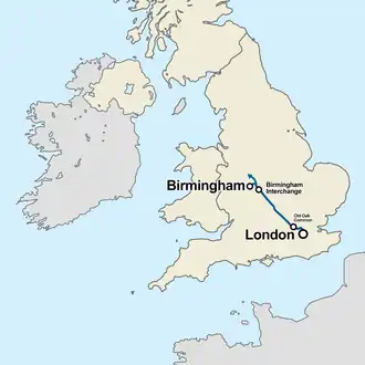 Overzicht van de in aanbouw zijnde lijn, zonder de takken naar Manchester en Leeds