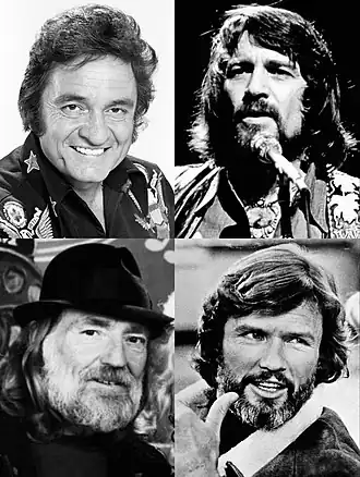 Kloksgewijs vanaf linksboven: Johnny Cash, Waylon Jennings, Kris Kristofferson, Willie Nelson