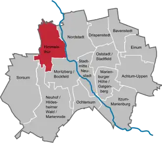 Ligging van Himmelsthür in de stad Hildesheim