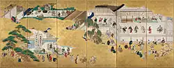 Kabuki-zu Byōfu (歌舞伎図屏風, Scenes from the Nakamura Kabuki Theater, 1684-1704), een voorbeeld van een yakusha-e