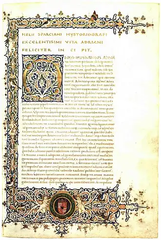 Pagina van het manuscript van het begin van het ‘leven van keizer Hadrianus’ in de Historia Augusta, ca. 1460/1470