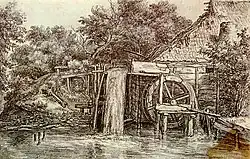 Krijttekening van een watermolen door de schilder Meindert Hobbema