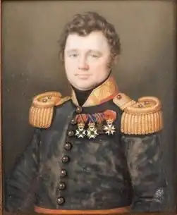 Miniatuurportret van baron des Tombe. Aquarel op ivoor, niet gesigneerd, 10 x 8,5 cm