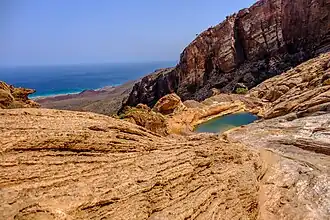 'landschapszwembad' in 2023, na het zakken van het waterniveau, met op de achtergrond de noordelijke kust