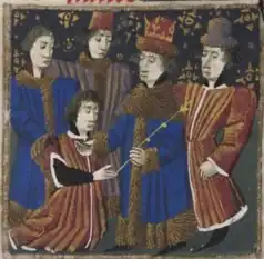Amalrik VII van Thouars (de geknielde figuur) huldigt koning Lodewijk VIII van Frankrijk.