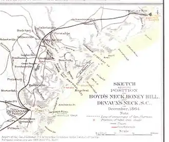 Kaart met de stellingen van beide partijen tijdens de slag bij Honey Hill