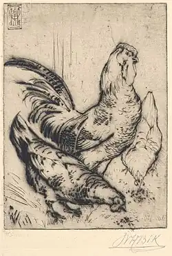 Een haan en twee kippen, ets, 1916. Universitaire Bibliotheken Leiden