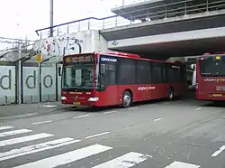 Zijkant van een Connexxion bus in de Schiphol Sternet huisstijl.