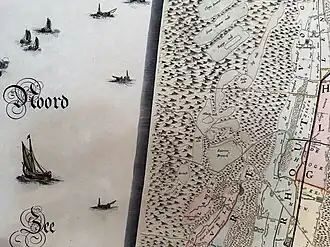 Detail van de kaart die het strand en de duinen tussen Noordwijk aan Zee en Zandvoort laat zien