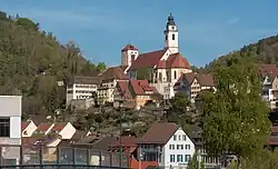 Horb am Neckar, kerk (Stiftskirche) vanaf de brug (Neckarbrücke)