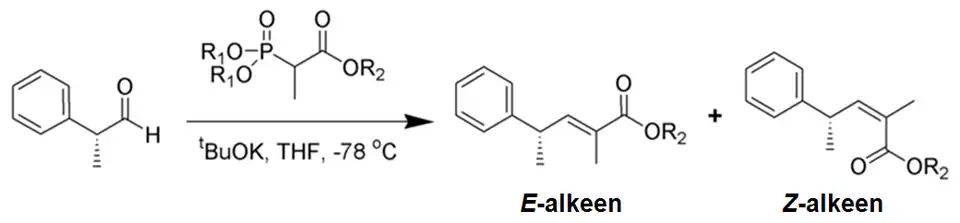 Voorbeeld van een Horner-Wadsworth-Emmons-reactie met een gesubstitueerd fosfonaat.