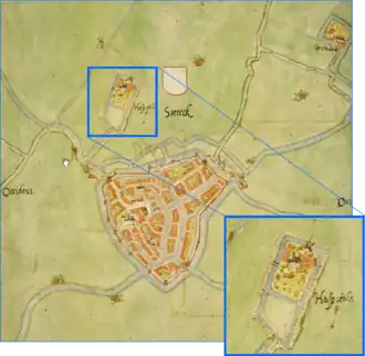 Klooster op een kaart van Jacob van Deventer uit 1560.